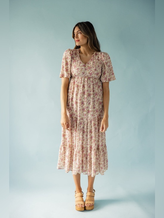 Roolee Dresses & Skirts - EUC Roolee Cream Midi Flutter Sleeve Tiered Dress with Pink Floral Print